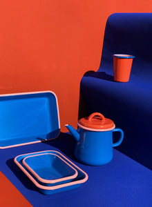 Bornn Enamelware Teapot - Electric Blue & Coral with Pink Rim