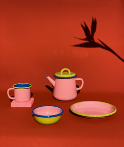 Bornn Enamelware Teapot - Soft Pink & Chartreuse with Blue Rim