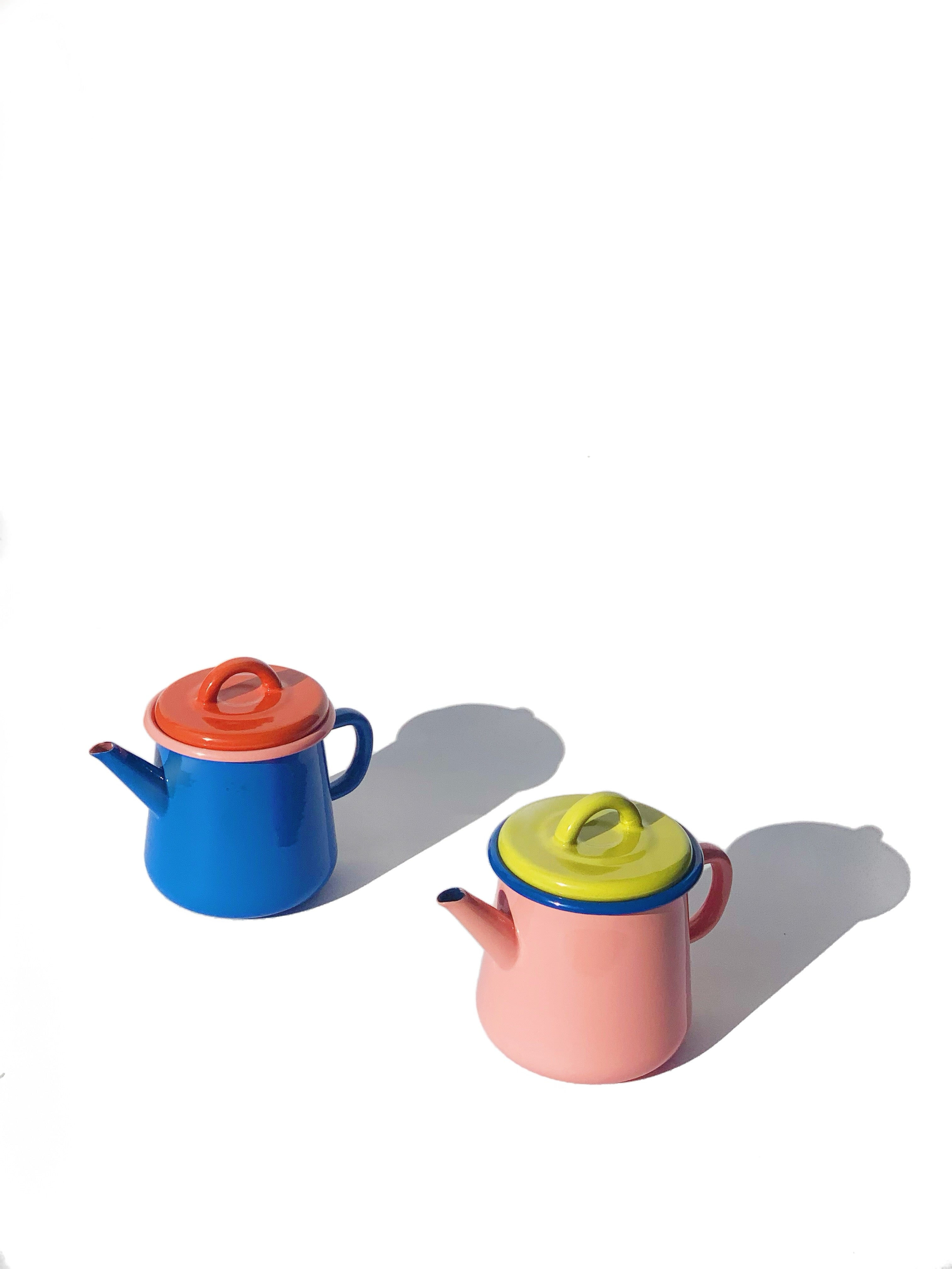 Bornn Enamelware Teapot - Electric Blue & Coral with Pink Rim